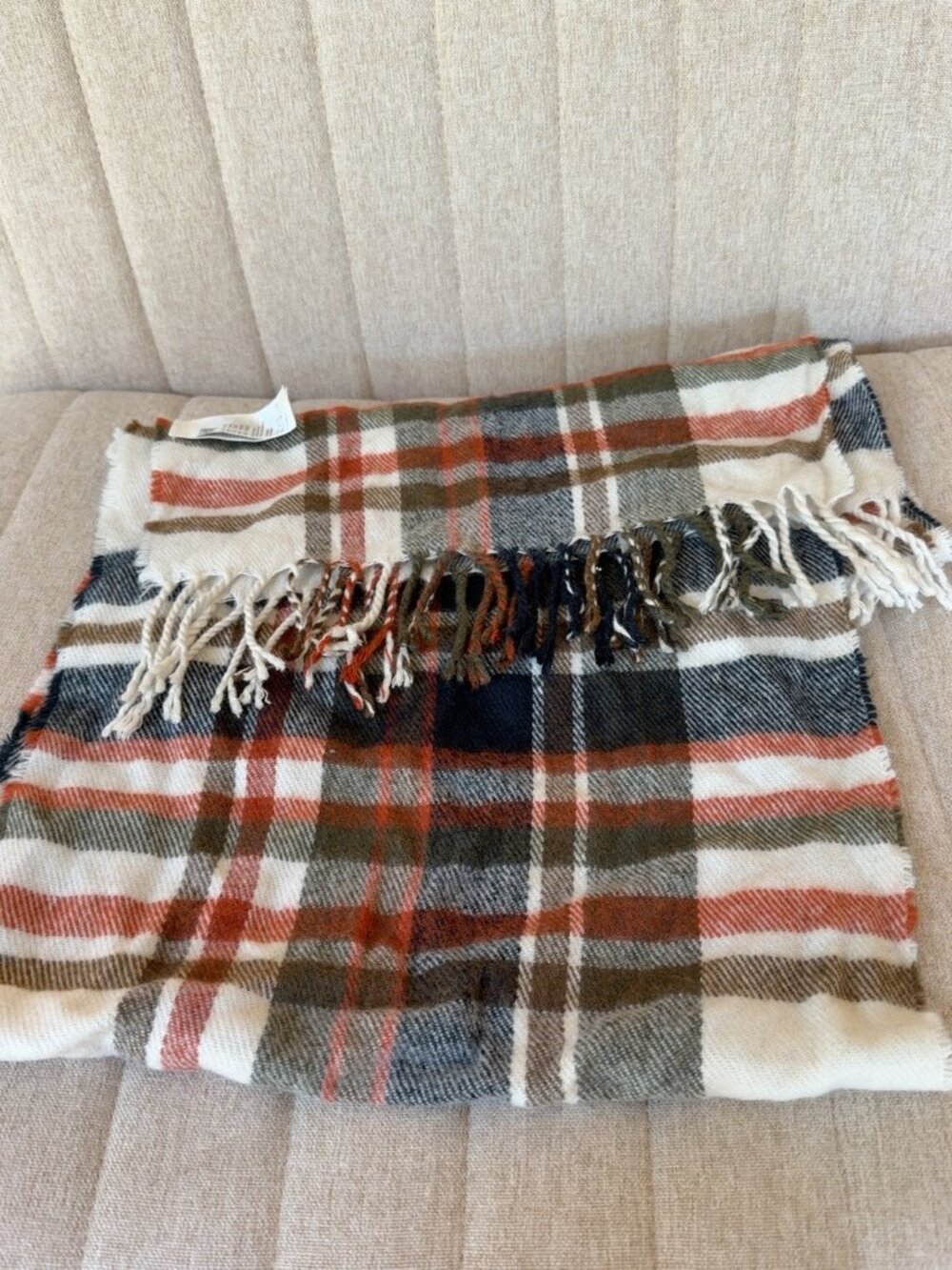 H&M Plaid Fringe Scarf, Cream/ Navy/ Rust, Fall